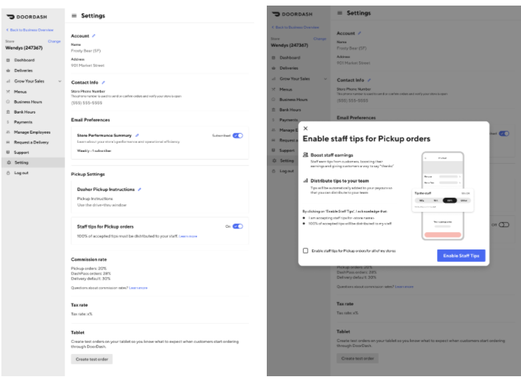 How do staff tips work on DoorDash Pickup?